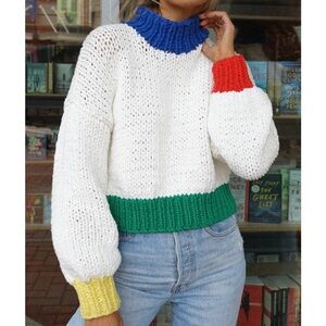 Colorblock Knit Sweater - White with Blue, Green, Red & Yellow Accents